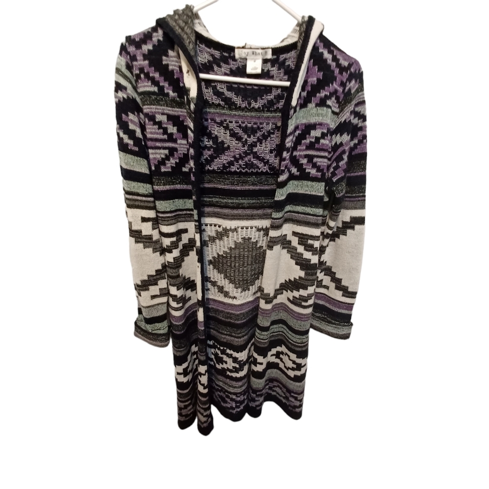 Say what? Western design open front hooded knit cardigan sweater size medium